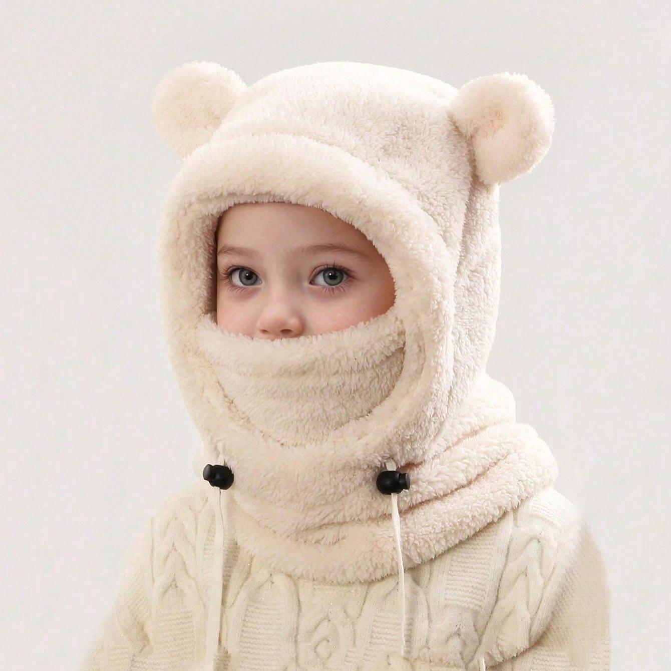 Autumn/Winter Kids Hooded Hat with Cute Bear Ears, Fleece-Lined Scarf and Mask, Unisex Children Outdoor Windproof Animal Headwear, Hooded Bonnet