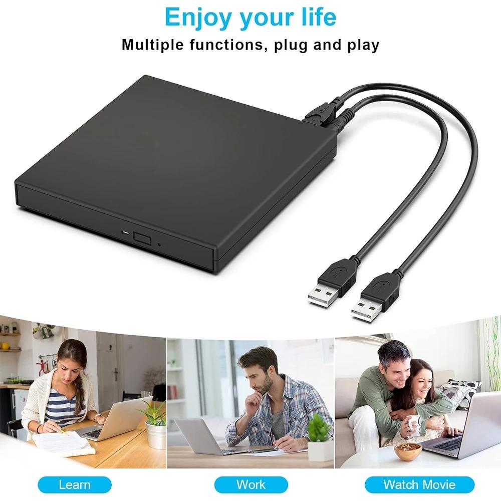 Usb 3.0 external dvd cd burner, portable cd dvd drive for Laptop Desktop, Plug and Play, 24X Read Write, Shock resistant, Compatible with Windows Mac Linux, dual Power Cables for Stable Use