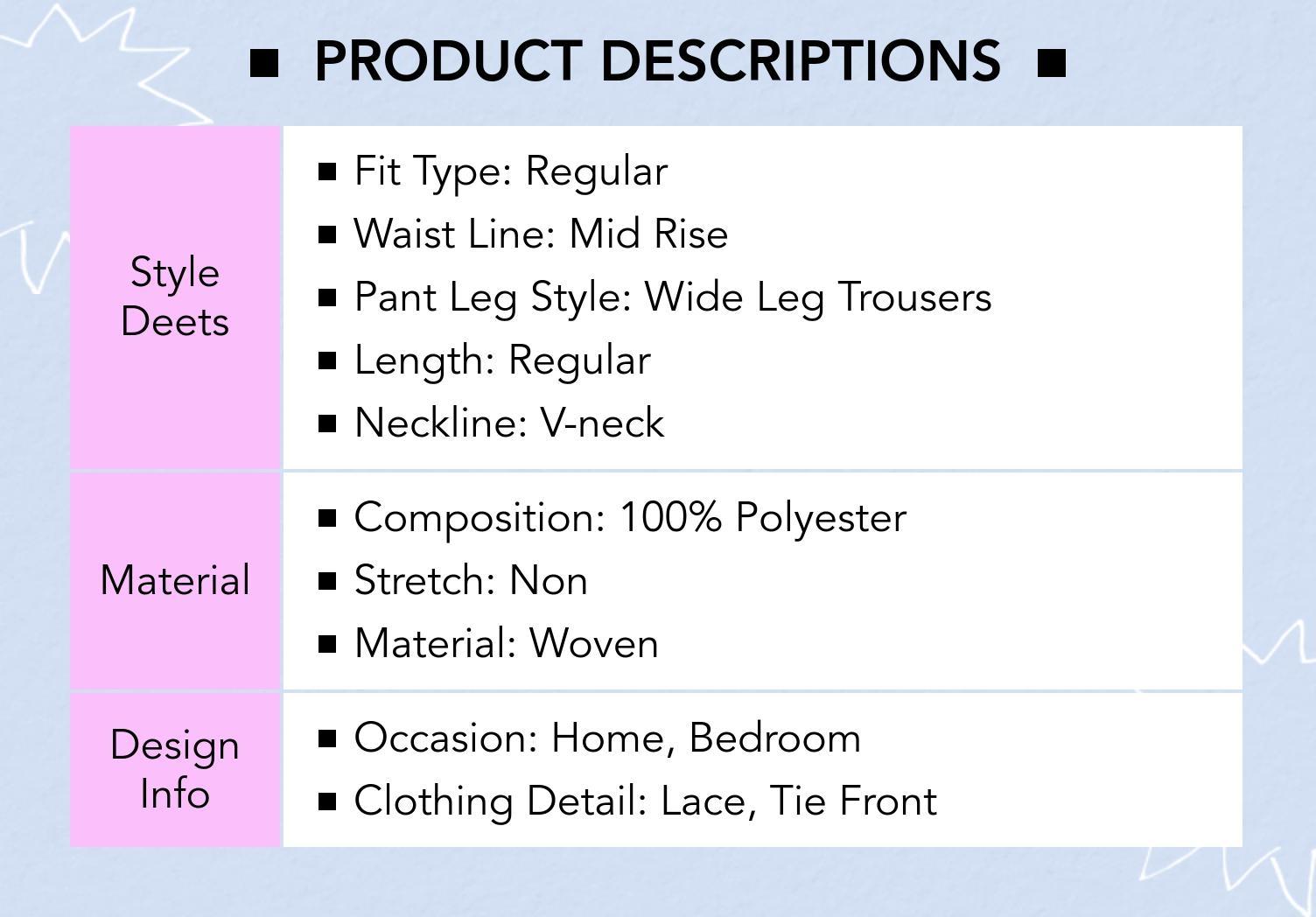 Cider Lace Trim V-neck Top & High Rise Wide Leg Trousers Loungewear Set