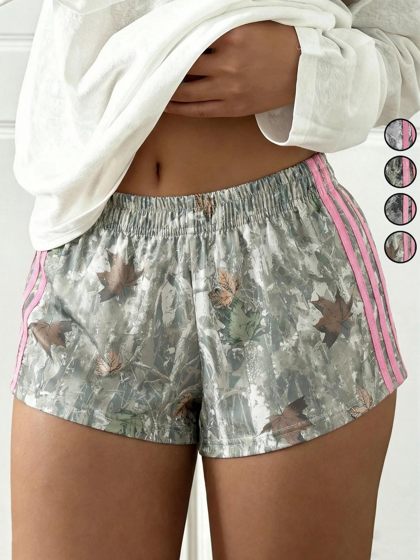 Women's Summer Fashion Casual Shorts, Full Camo Print Multi-Color Options, Stylish Side Stripes, Loose-Fitting Elastic Waist Pants
