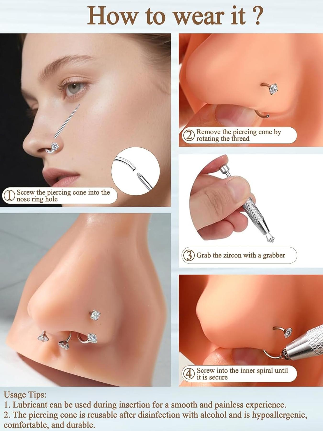 Hoop Nose Ring Set, Horseshoe Nose Rings for Women, Stainless Steel Piercing Jewelry, Dual Gemstone Hoop Rings, Surgical Steel Cartilage Spiral Earrings, Nose Piercing Kit