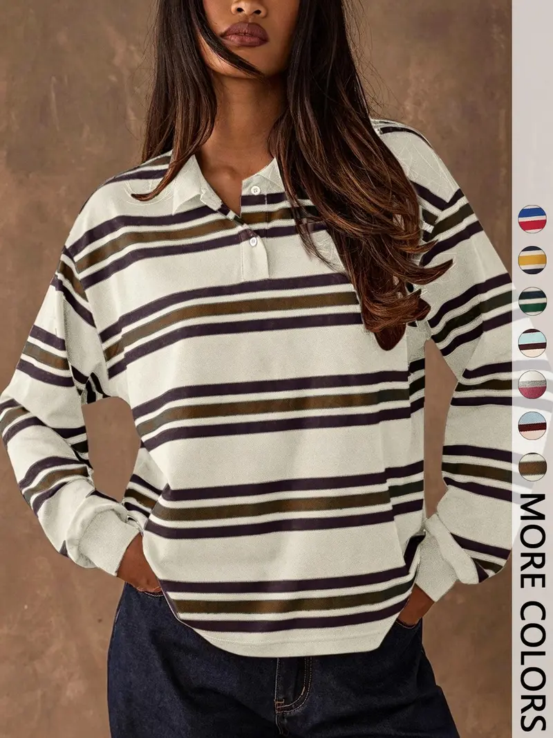 Women's Casual Colorblock Striped Long Sleeve T-Shirt, Fall Winter Fashion, Vintage Style, Fitted, Outdoors Wear, All Seasons