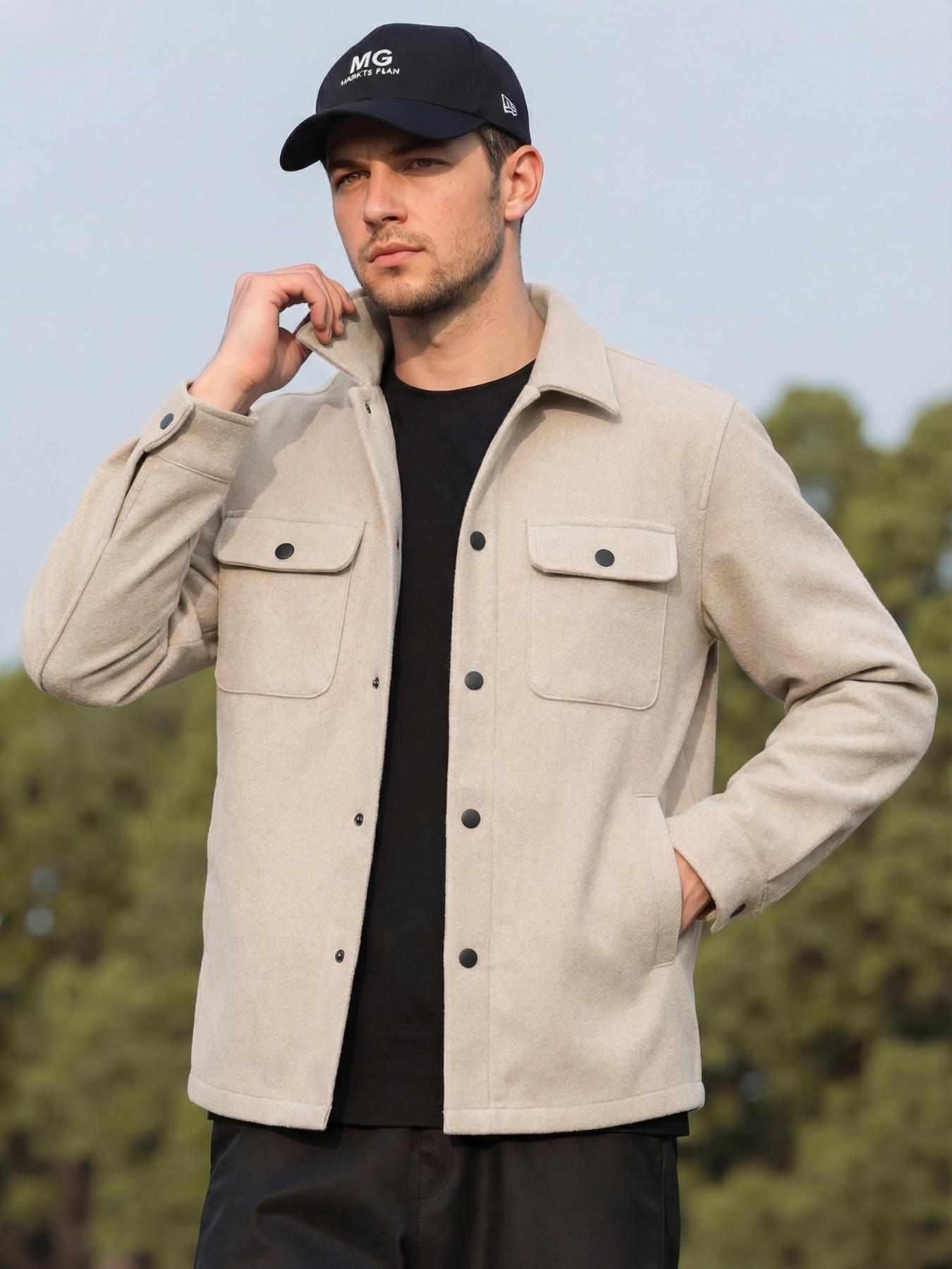 Men's Casual Thick Woven Solid Pocket Jacket Coat, Fitted Design for Work & Outdoor, Lightweight for Fall Winter Season