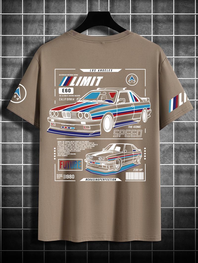 Men's Car & Letter Print Short Sleeve Graphic Tee, Regular Fit Streetwear Casual Round Neck T-shirt for Summer, Men's Top for Daily Wear