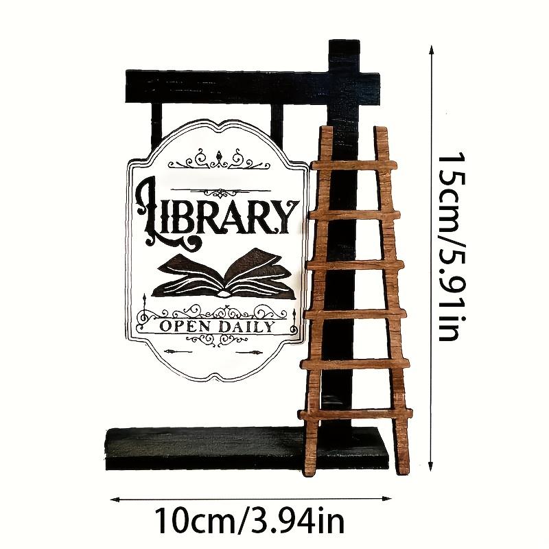 Vintage Wooden Library Sign, Elegant Shelf Design, Mini Desktop Decor, English Text, Home and Office, Desk Accessories, Book Decoration