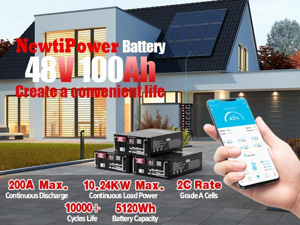 48V 100Ah LiFePO4 Lithium Battery 200A BMS,NewtiPower 10000+ Deep Cycle Lithium Iron Phosphate Battery Great For Winter Power Shortage, RV, Marine and Off Grid Applications