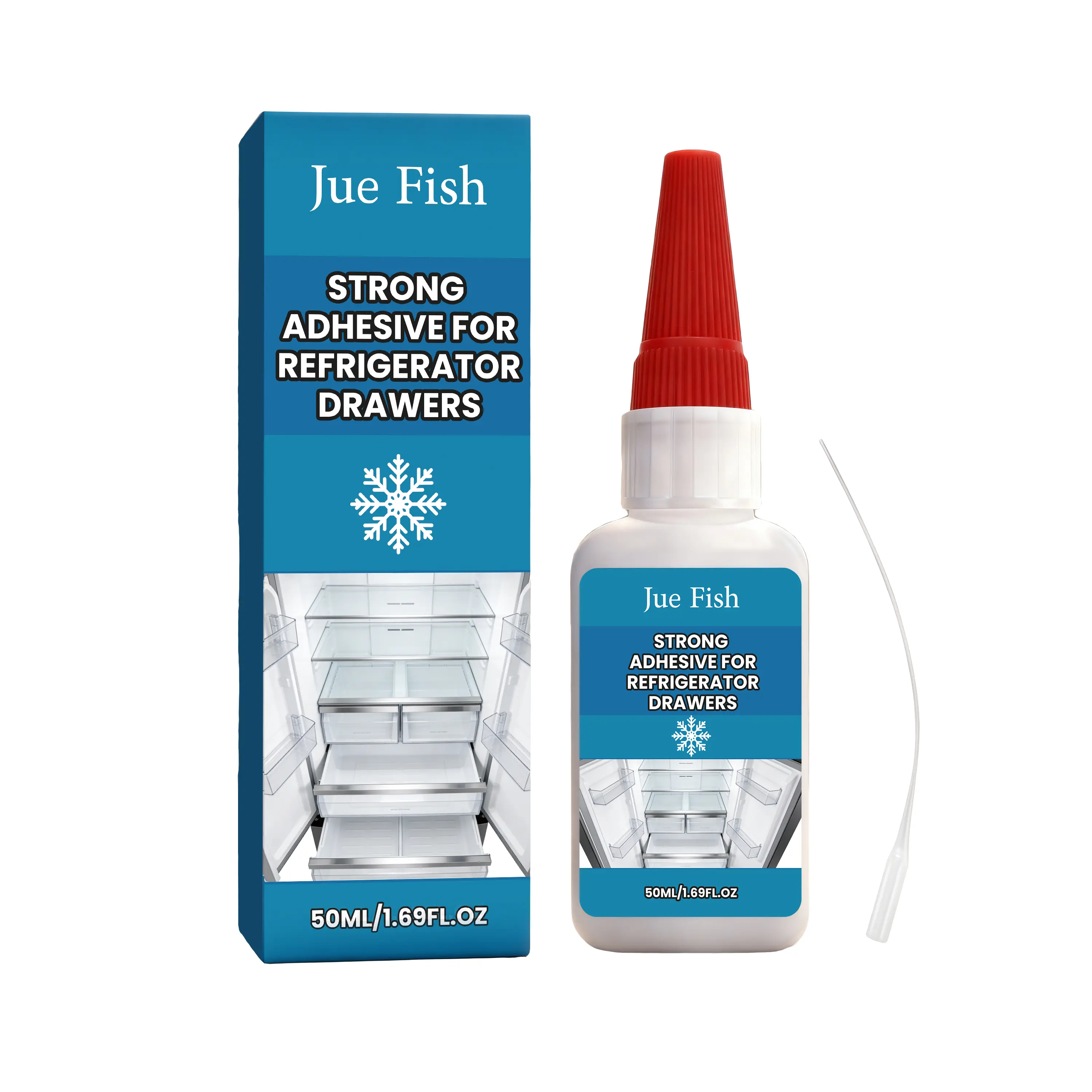 Jue Fish Adhesive Refrigerator Drawer Organizer - Zinc Oxide Formula, 50 ml Bottle with Dropper Cap, No-Nail Installation, Strong Bond for Various Refrigerator Components