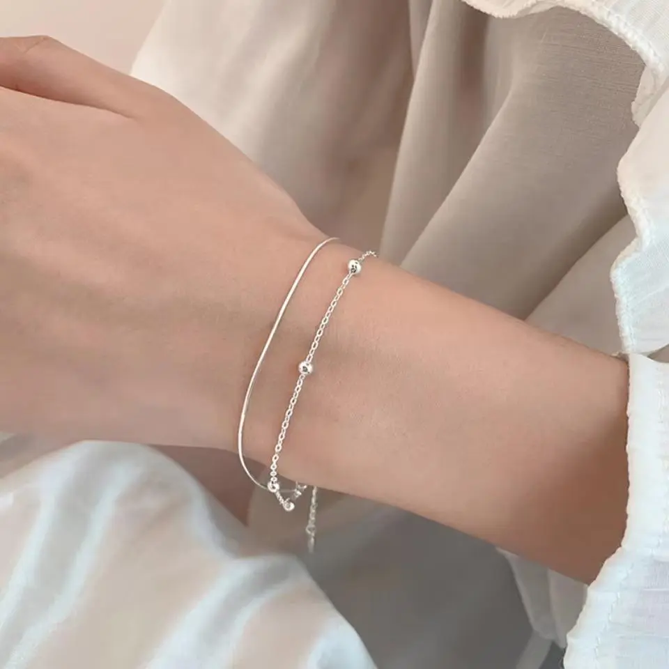 925 Sterling Silver Round Ball Lucky Bracelets Woman Double-Layer Snake Chain  Wedding Jewellery
