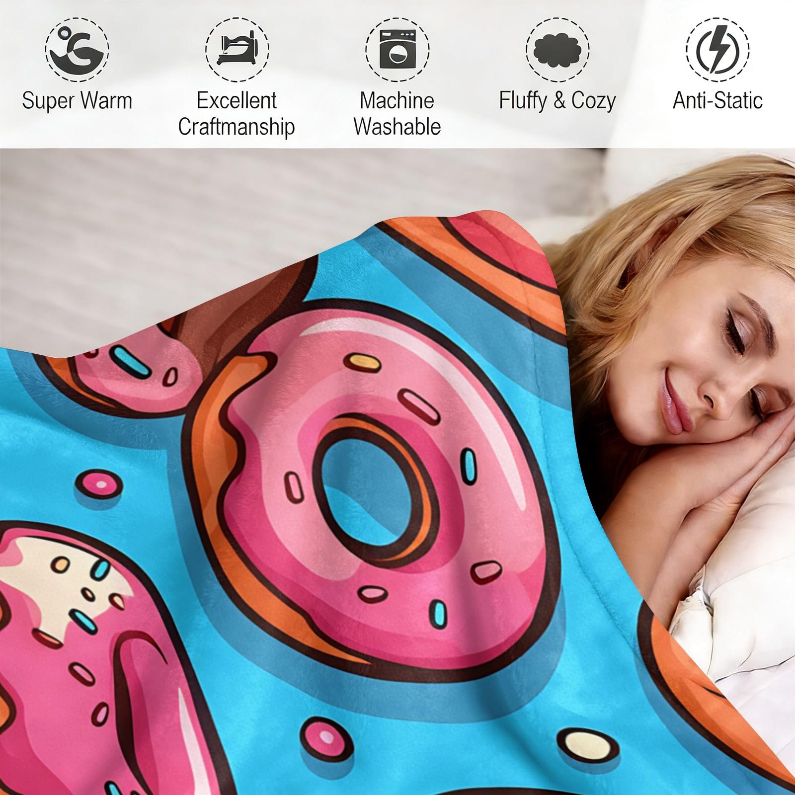 Colorful Donut Print Flannel Throw Blanket, Soft Warm Cozy Fleece Blanket for Couch Bed Sofa, Cute Cartoon Doughnut Decorative Blanket, All Season Plush Blanket, Perfect Gift Blanket for Home Decor, Travel, Nap, All Ages