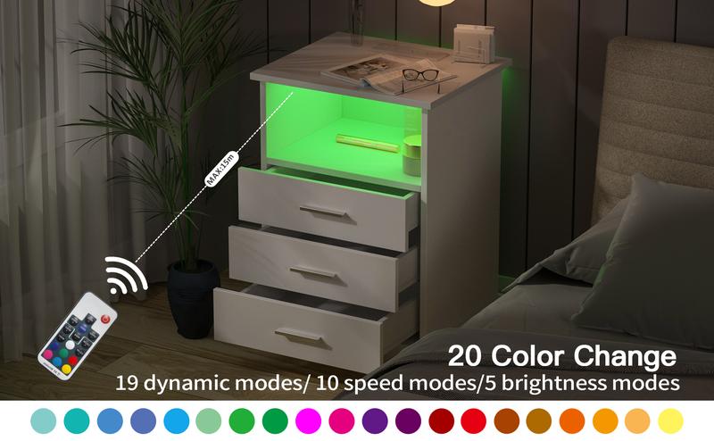 Vabches LED Nightstand with Charging Station, Side Table with 3 Drawers and Light, End Table with Open Storage, Beside Cabinet for Bedroom