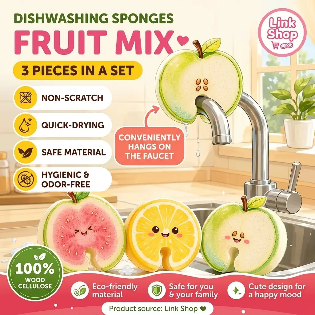 3-Pack Fruit Pop-Up Cellulose Sponges - Natural Non-Scratch Dish Scrubbers