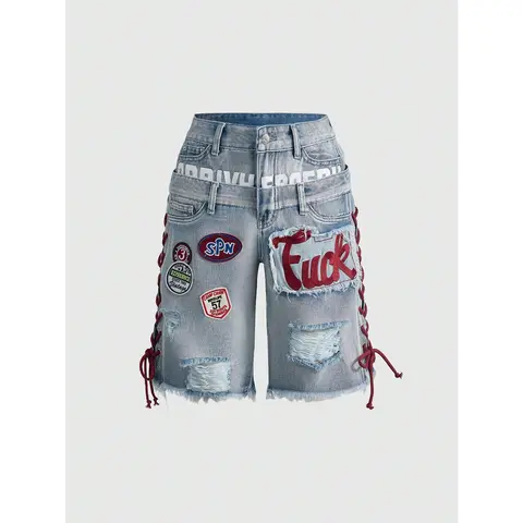 Women's Y2K Retro Jersey Sports Ballet Style Graphic Logo Embroidered Drawstring Low Waist Denim Shorts