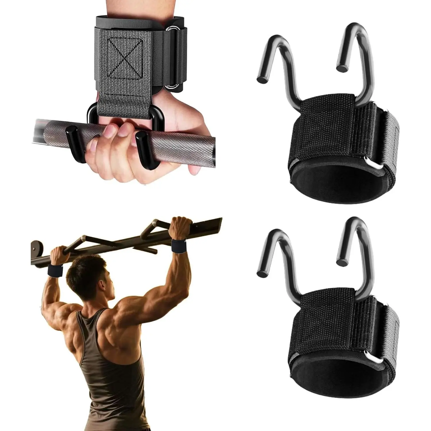 Unisex 2-Pack Hook Shape Weight Lifting Hooks, Adjustable Heavy-Duty Secure Wrap Grip Support Straps for Deadlifts, Strength Training, 2-Pieces