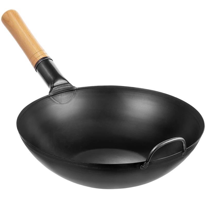 Wooden Handle Iron Wok-Non Stick, Multi-purpose Kitchen Flat Bottomed Pan, Suitable For Gas Stove And Induction Cooker Cooking, Black Finish, Perfect For Deep Frying, Stir Frying, And Cooking