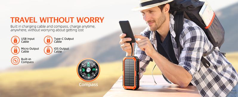 40000mAh Solar Power Bank with Hand Crank, Built-in 4 Wires, Compass & Level, PD20W Fast Charging, LED Flashlight - Portable Emergency Charger for Camping, Hiking, Travel & Outdoor Activities