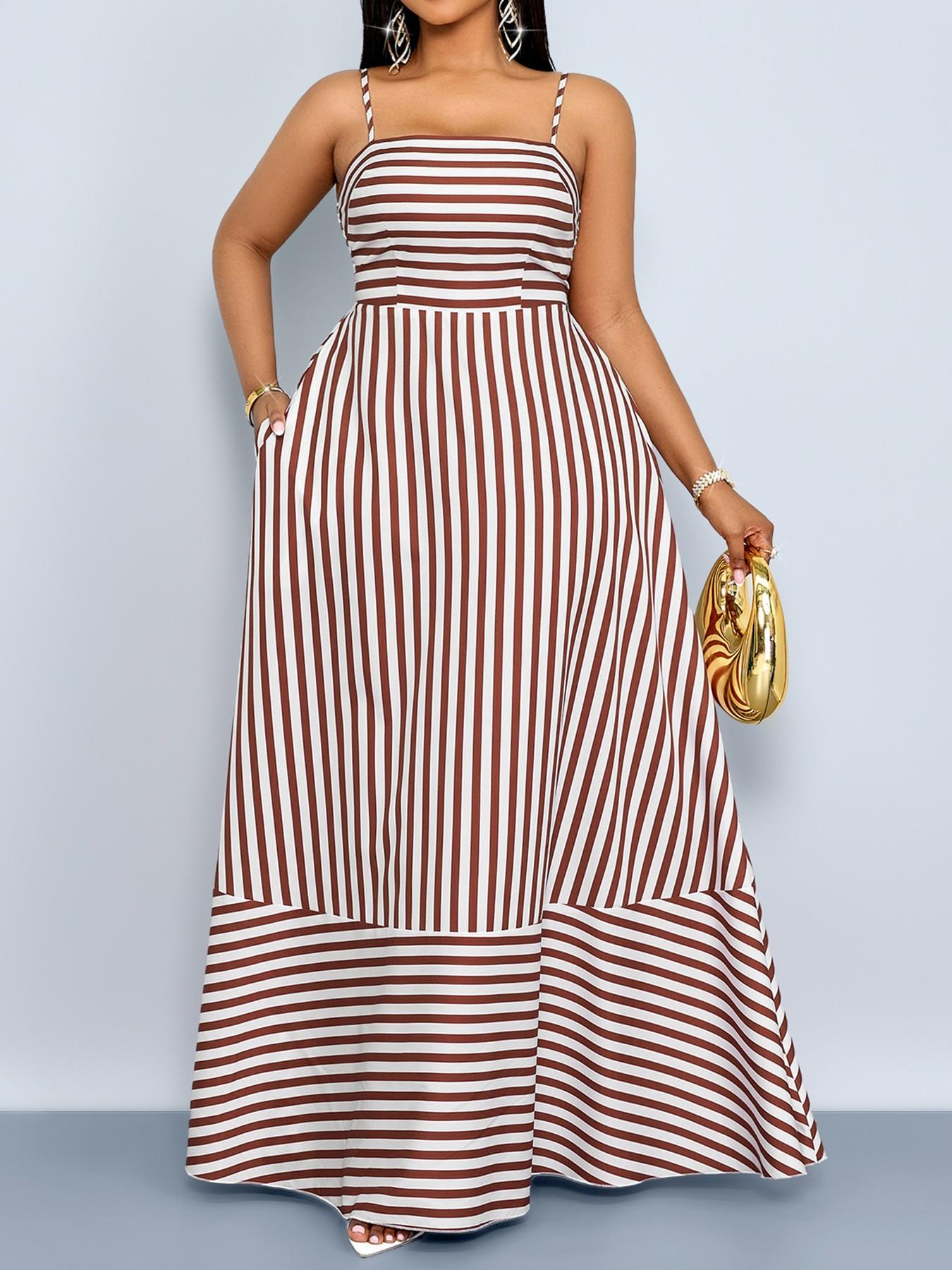 Summer Casual Elegant Striped Women's Plus Size Dress, Thin Strap off Shoulder Waist Cinching Pockets, Perfect for Vacation Beach Commuting, Casual Wear
