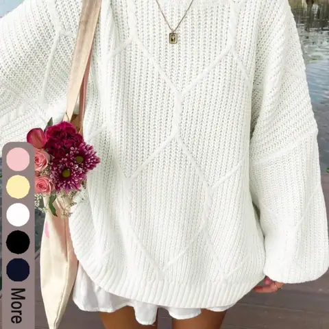 Women's Oversized Loose Solid Color Long Sleeve Round Neck Sweater, Thick Knit Casual Sweater, Warm and Cozy Top, Fall Knit Top