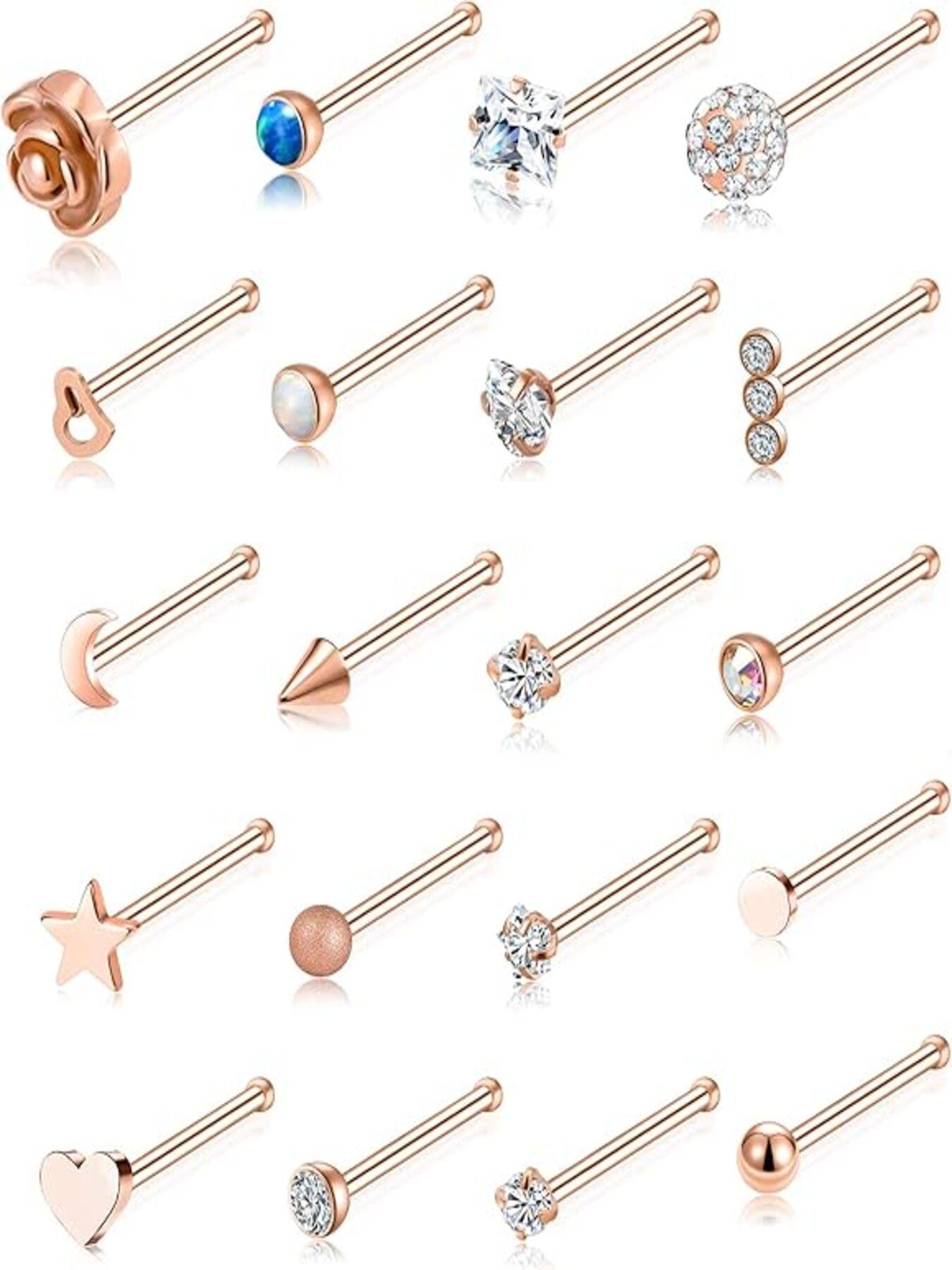 20 Pcs Nose Rings Trendy & Dazzling Style (Multiple Styles with Shiny Crystal Accents & Straight Bar-Shaped Design) for Women & Girls (Daily Wear, Parties & Piercing Styling)