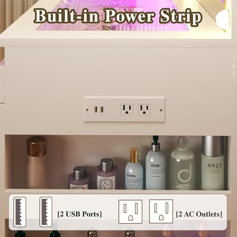 Vanity Desk with Lighted Mirror & Glass Top, Makeup Vanity Desk with 4 Transparent Drawers and RGB Lighting, Built-in Power Outlet, 3-Tier Side Shelves & Storage Organizer for Bedroom