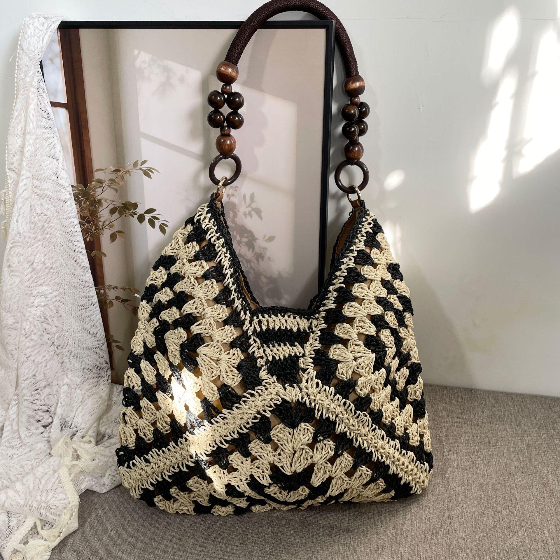 Women's Handmade Paper Rope Crochet Straw Shoulder Bag, PU Material With Adjustable Strap, Cold Wash Compatible Woven Handbag, Summer Accessory For Beach Vacation Casual Outfit Styling Use