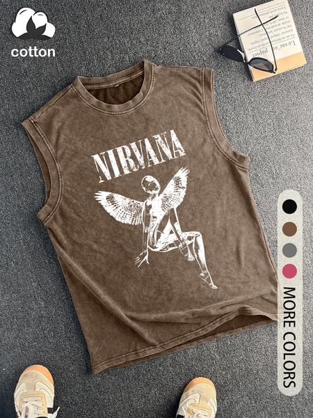 Men's Vintage Distressed Angel Wing Print Tank Top, Casual Sleeveless Round Neck Top for Summer, Fashion Men's Clothes for Daily Wear, Socks