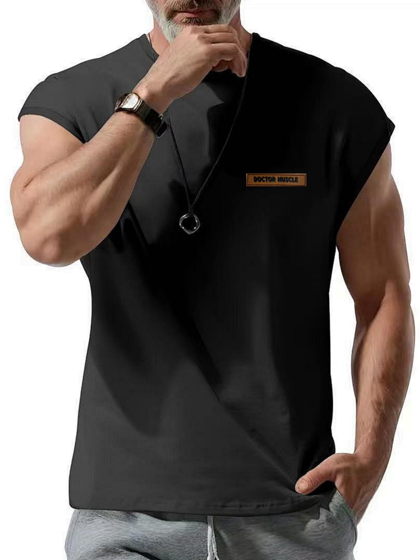 Men's Casual Round Neck Muscle Tank Top, Breathable Summer Sports Shirt with Leather Patch Details, Comfortable and Stylish
