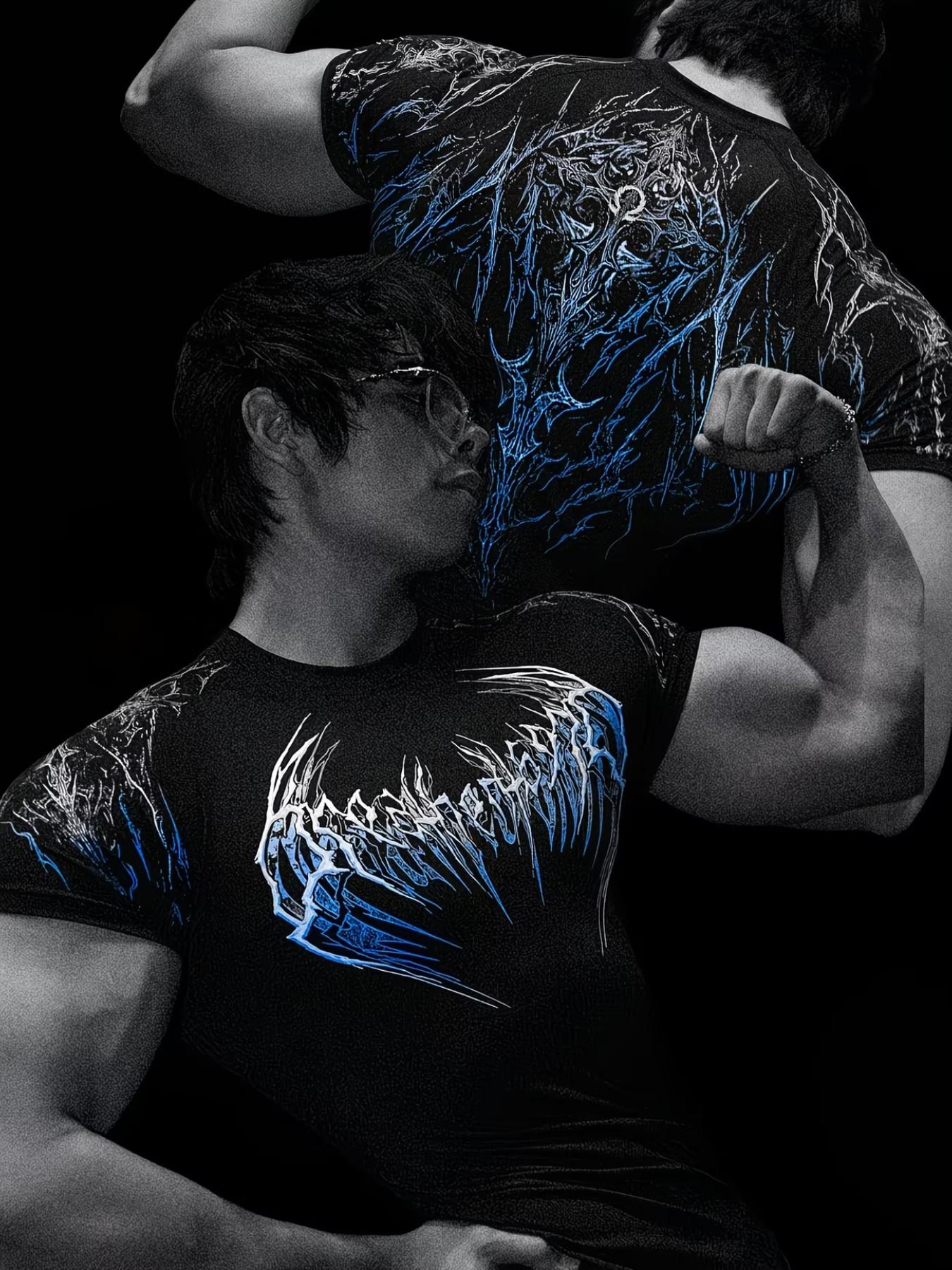 Men's High Elastic Quick-Dry Flame Print Sport T-Shirt, Slim Fit Breathable Short Sleeve, Muscle Training Running Workout Top