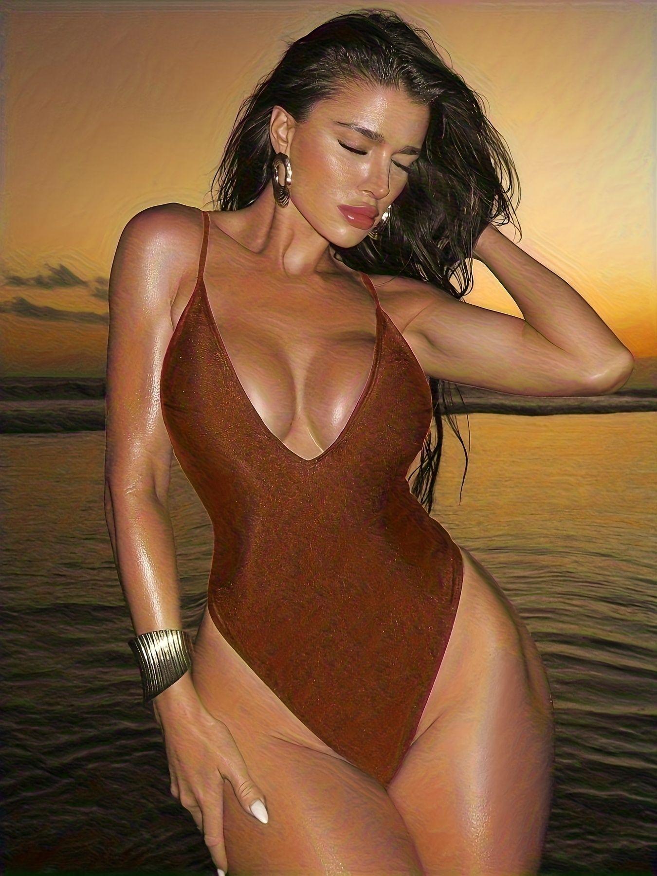 Women's Solid Color One Piece Swimsuit Sexy Slim Swim Bodysuit Summer Beach Vacation Swimwear