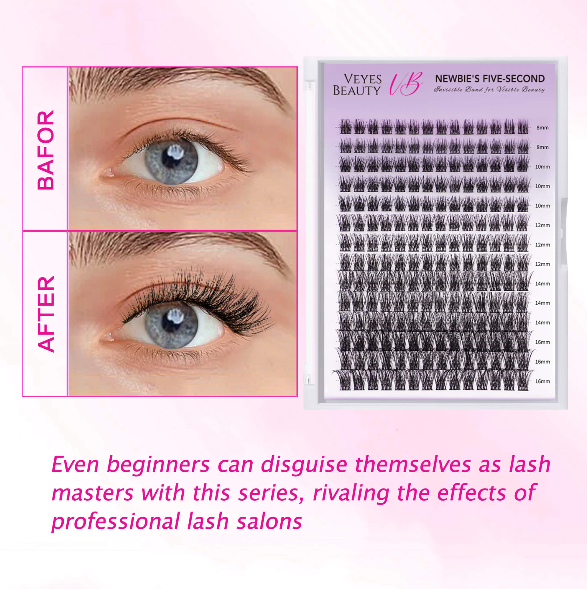 VEYESBEAUTY Dreamy Cluster Lashes Kit Eyelashes Makeup Individual Lash Extensions Volume Eyelash Wispy Faux Mink Lash Mixed Length Tray With Bond & Seal Tweezer Newbie's Five-Second DIY Dramatic Applicator at Home Eyelashes Extensions Cosmetic Makeup