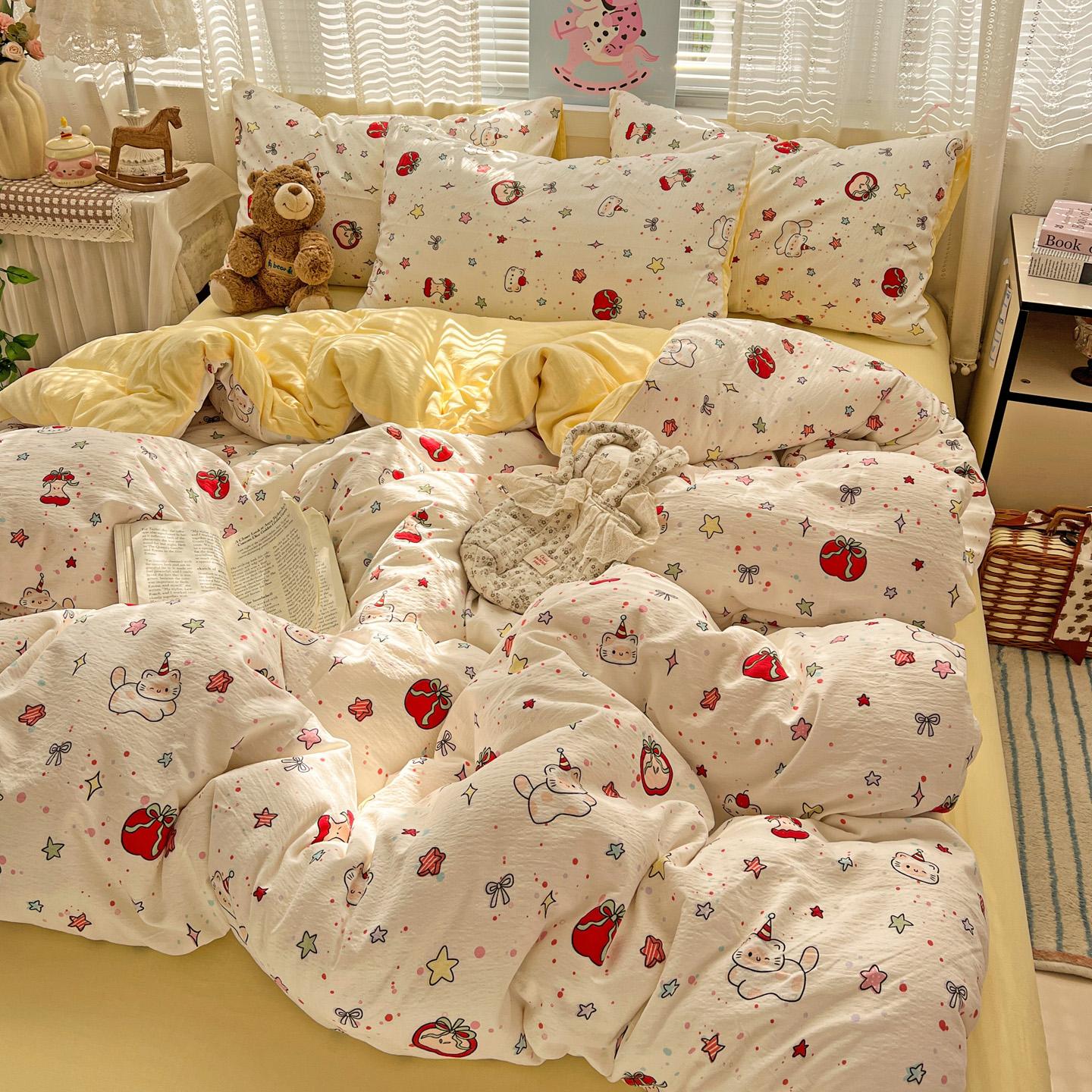 4pcs Double Layer Soft Bedding Set, Cartoon Sheet Set, Single Person Three-Piece, Suitable for Bedroom, Guest Room, Dormitory