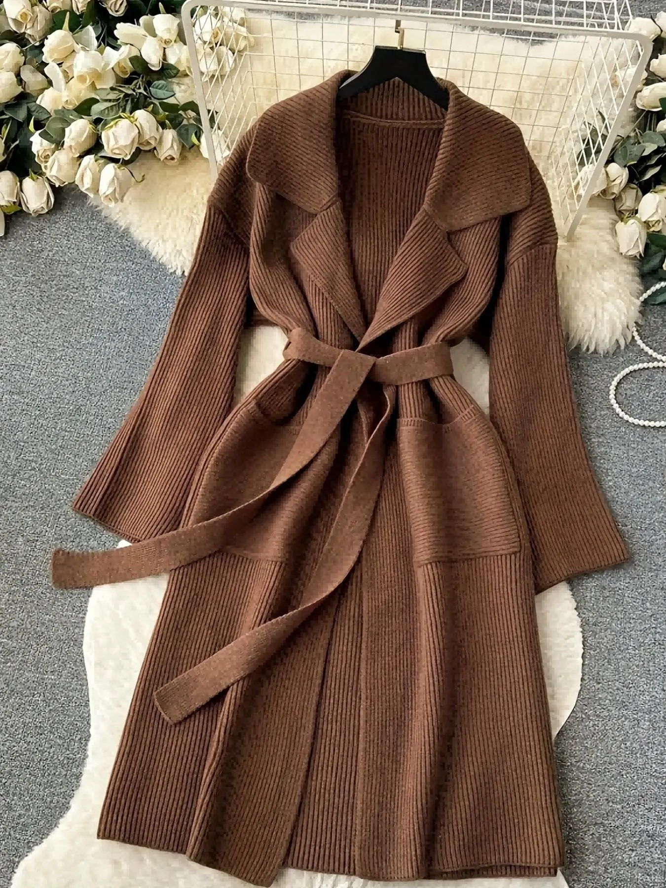 Women Lapel Belted Long Duster Cardigan, Ribbed Knit Open Front Sweater Coat With Pockets, Long Sleeve Loose Fit Fall Winter Maxi Knit Outerwear, 3 Solid Colors