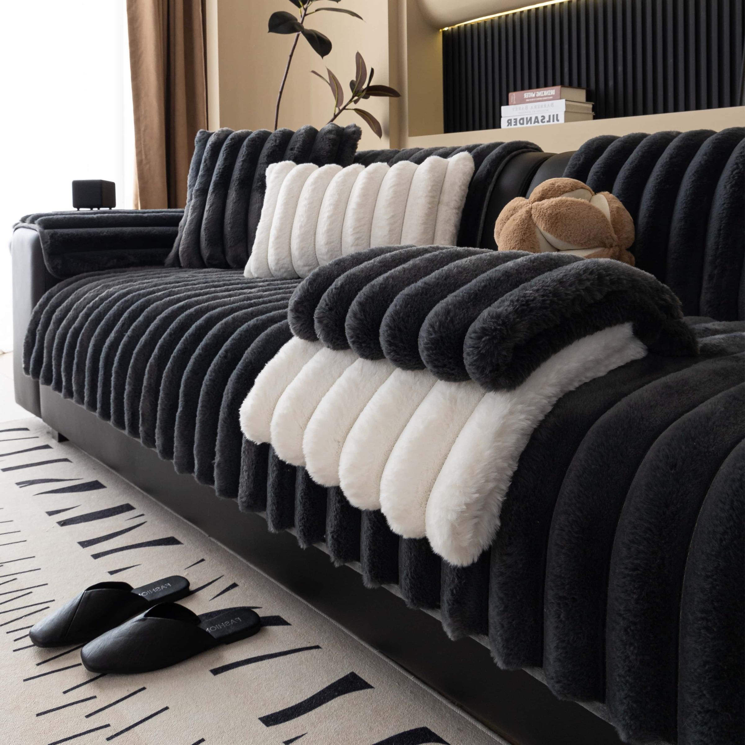 Solid-colour plush sofa couch, Pet-Friendly Extra Thick Sofa pad, Soft Fluffy Fur Couch Protector, Non-Slip Washable couch cover, Sofa Couch Covers, Anti-Scratch Furniture Throw Blanket for Living Room, 3-Seater, Multi-Color Available, Couch Slipcover