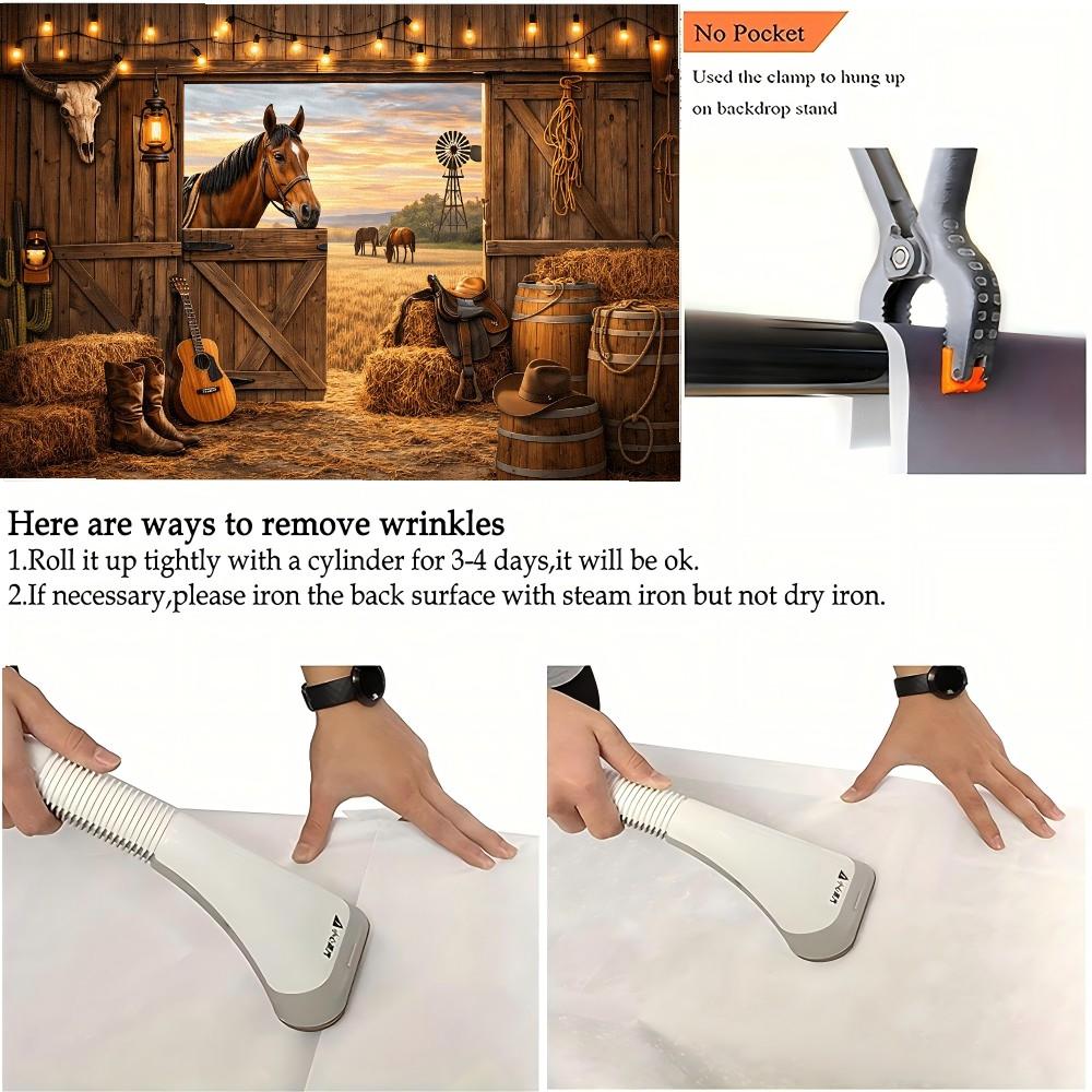 2D 1pc Western cowboy barn wall backdrop fabric, Decor, retro ranch, wooden barn door, sunset grassland, horse, cowboy boots, guitar and string light elements, suitable for western theme parties, multiple sizes available