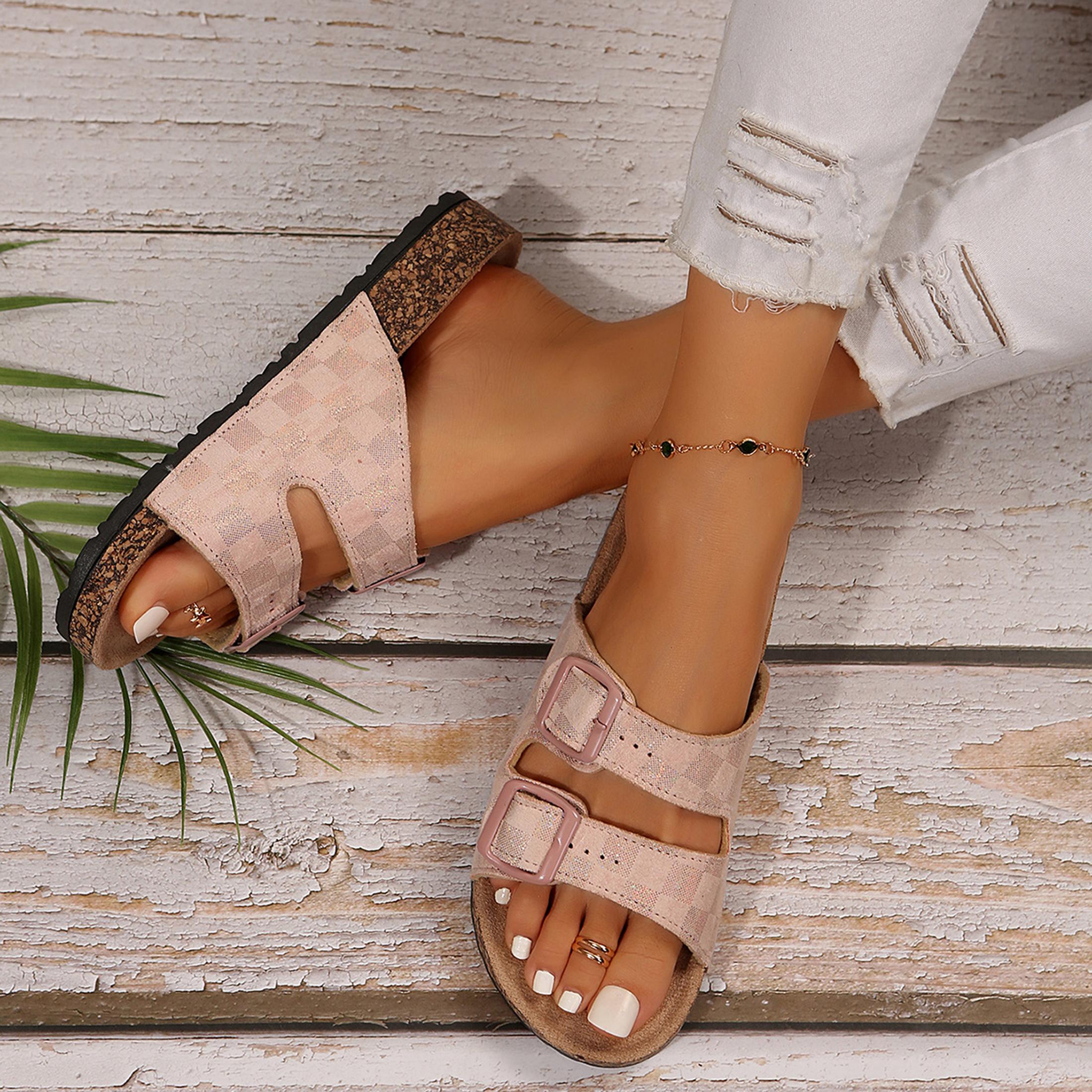 Womens Sandals Stylish Checkered Slip-On Sandals with Buckle for Women and Double Buckle Adjustable Straps Springfresh