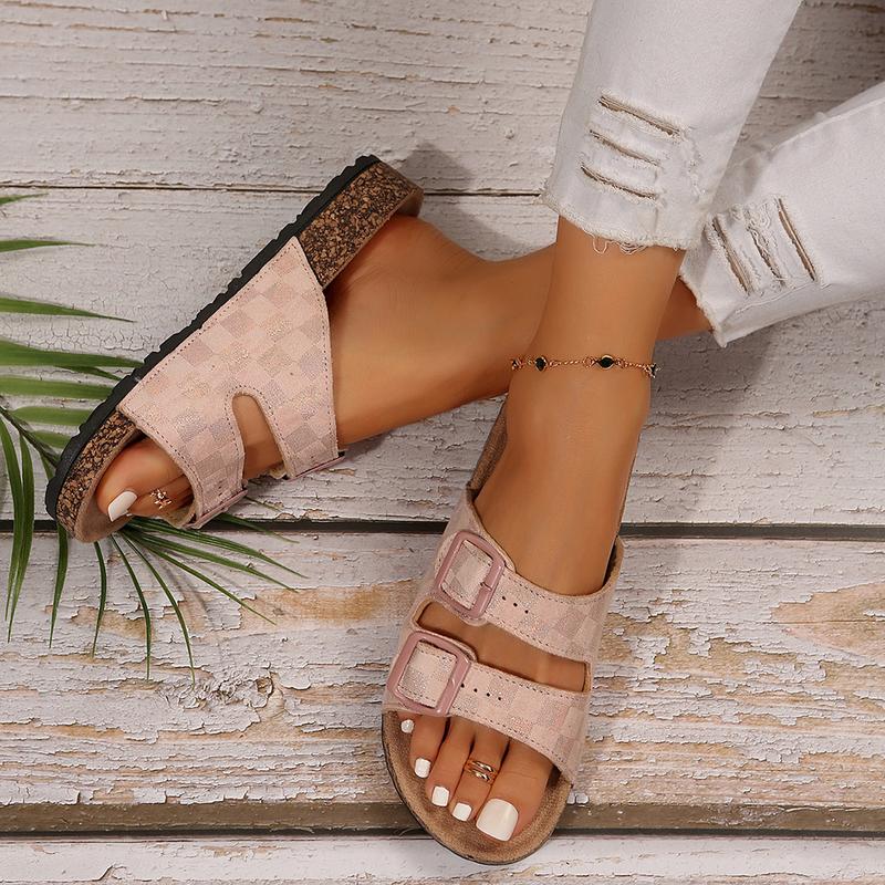 Womens Sandals Stylish Checkered Slip-On Sandals with Buckle for Women and Double Buckle Adjustable Straps Springfresh