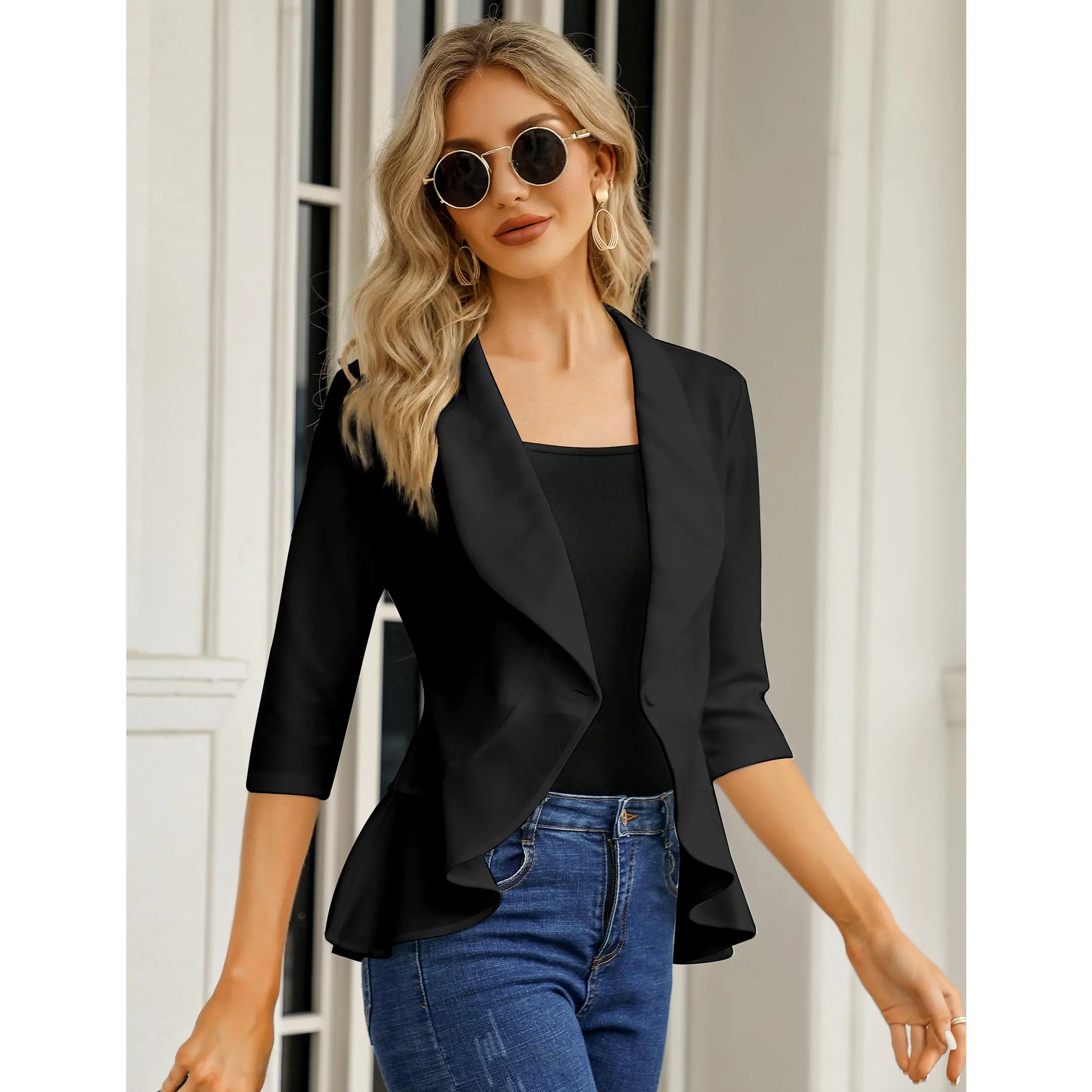 YF Women's 3/4 Sleeve Ruffle Hem Blazer Jacket Open Front Lapel Collar Casual Work Cardigan Lightweight Cropped Suit Coat for Spring Summer Fall Office Daily Wear