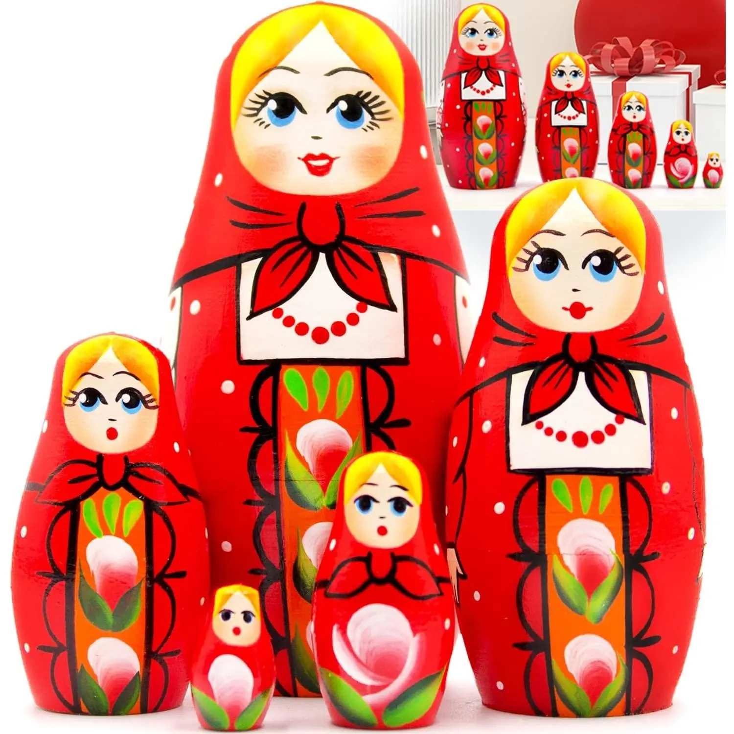 5 Pcs Hand-Painted Wooden Russian Nesting Dolls Set - Traditional Matryoshka Babushka Dolls with Classic Red Russian Sarafan