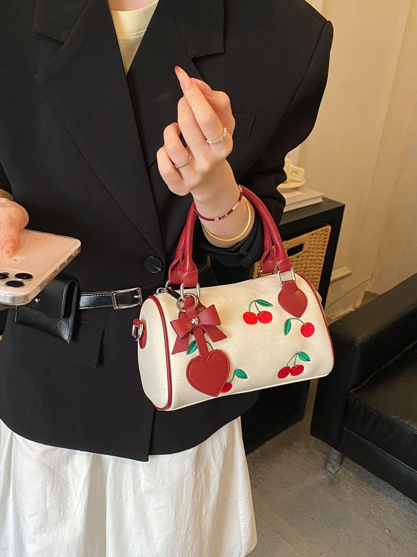 Sweet Cherry Boston Bag for Women, 2026 New Handbag, Cute Pillow Bag, Fashion Commute, Heart Charm, Full Cherry Print, PU Material