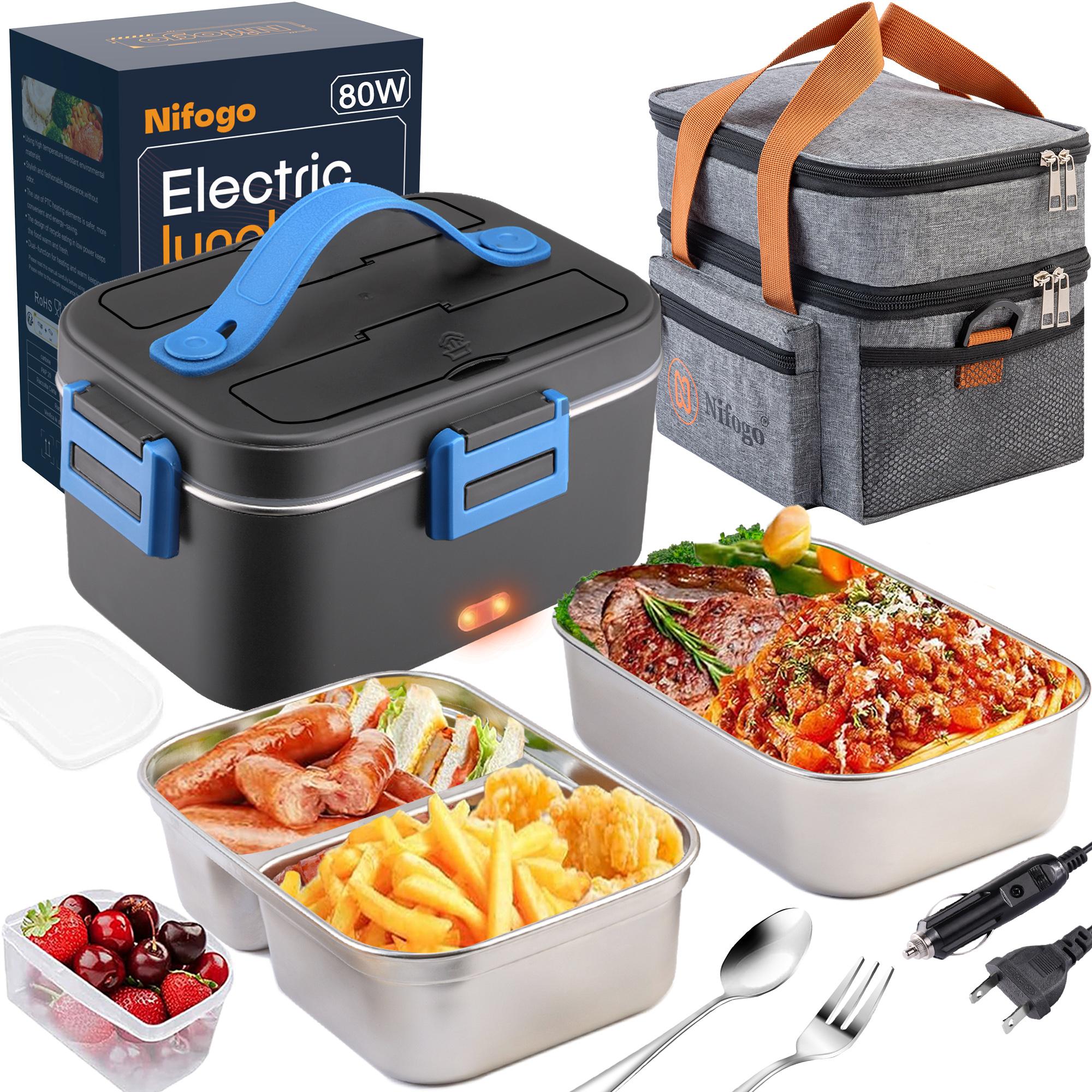 Electric Lunch Box Food Heater for Adults, Heated Lunch Box 12V/24V/110V Portable Food Warmer for Car/Truck/Office 1.8L Removable Stainless Steel Container with Fork Spoon and Bag，Extra large capacity