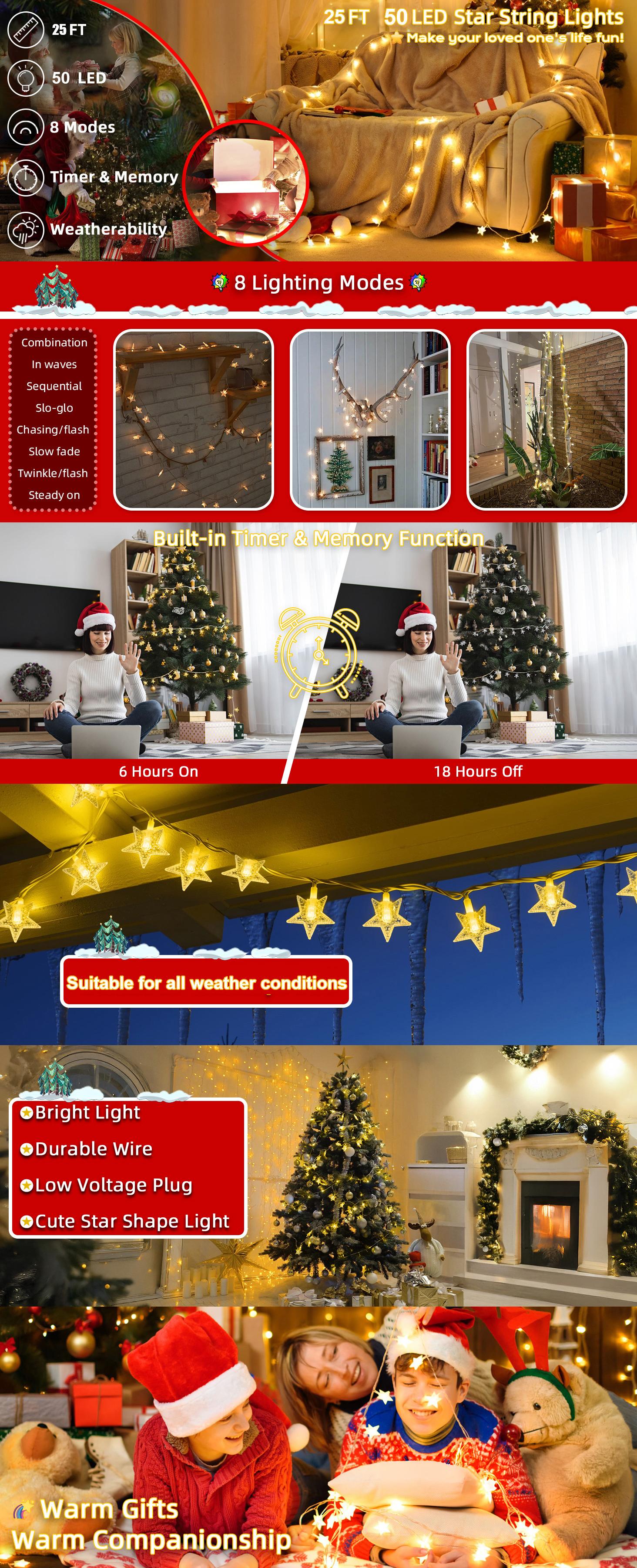 Star String Lights Battery Operated -25ft 50 LED Star Fairy String Lights with Timer, Waterproof for Indoor Bedroom Tent Loft Bed Patio Party Wedding Decor, Warm White