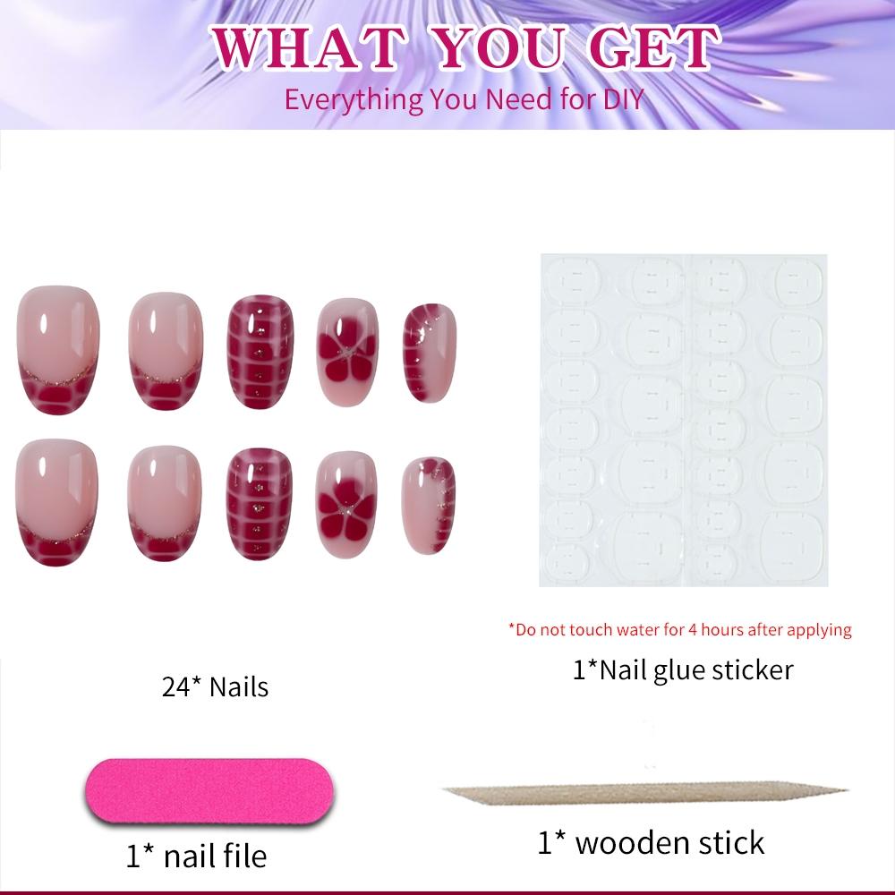 24pcs Short Oval French Tip Press-On Nails, Stick On Nails, Glossy False Nails, Fake Nails Set, Heart and Flower Design, Acrylic False Nails Set for Women, Includes Jelly Glue and Nail File