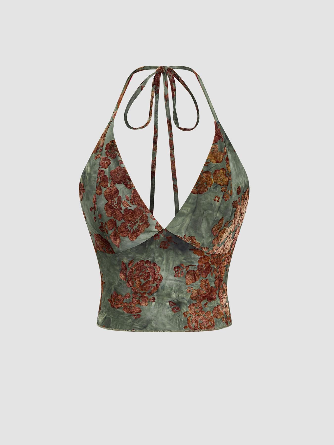 Women's Floral Deep V Neck Crop Top & Fish Tail Skirt Set, Sexy Two-Piece, Back-To-School Fashion, All-Over Print Design