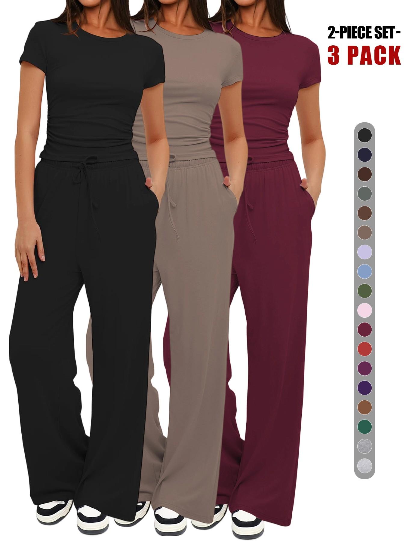 2026 Women's Solid Round Neck Short Tee and Pants, 2- or 6-Piece Set, Casual Comfy Elastic Pajama Set for Women, Cozy Loungewear for Daily Home Wear