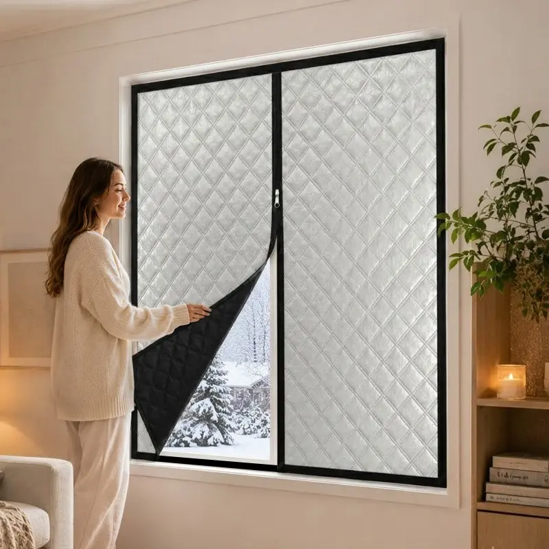 Thickened Silver Quilted Thermal Window Curtain with Center Zipper, Self-Adhesive No-Drill Insulated Window Cover for Cold Draft Blocking, Light Blocking, Bedroom, Living Room, Office and Balcony