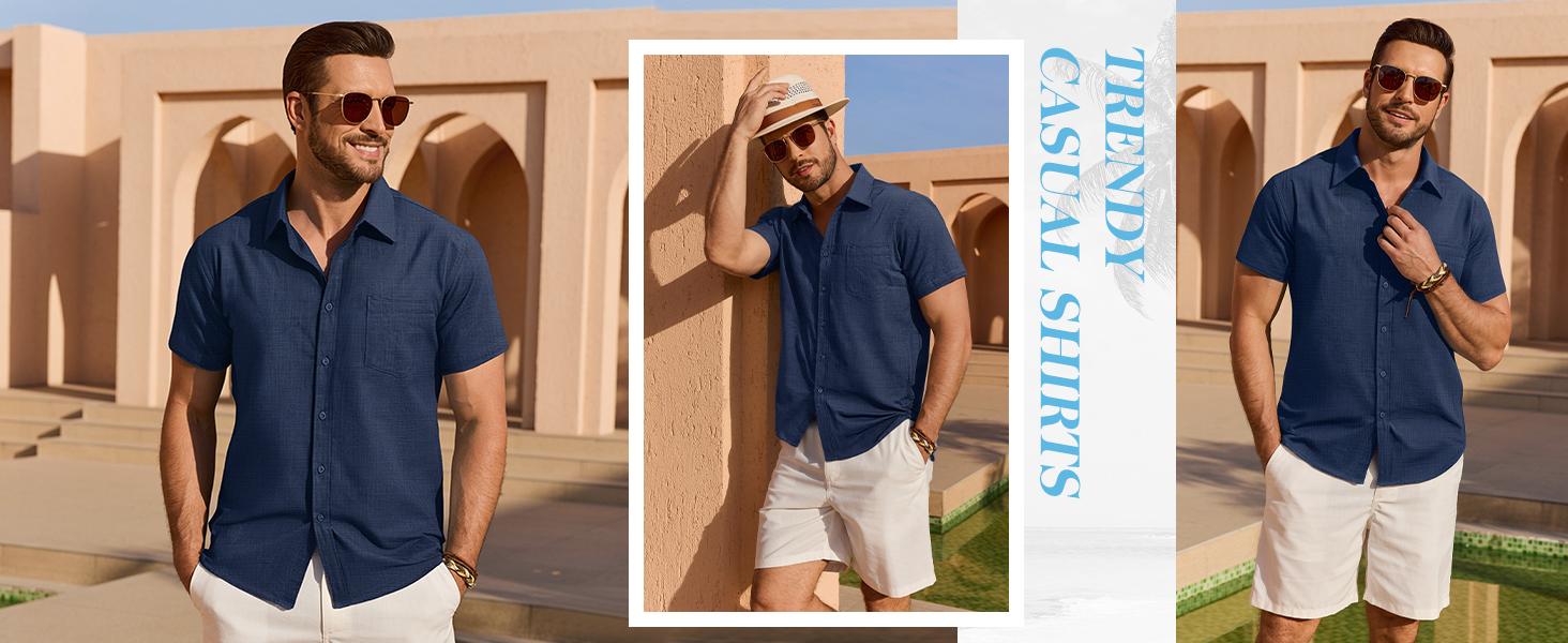 Alimens & Gentle Menswear Mens Linen-Cotton Fabric Plain Short-Sleeve Casual Button-Down Shirt, Lightweight Hippie Tropical Summer Beach Top, Shortsleeve