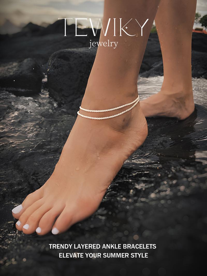 TEWIKY Dainty 14K Gold Plated Layered Waterproof Anklet For Women Adjustable Womens Anklet Set Stackable Figaro Beaded Cuban Link Anklets Daily Clothing Decor For Beach Summer Trendy High Quality Bracelet for Valentine's Day gifts