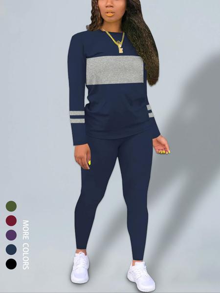 Women's Fall New Colorblock Round Neck Long Sleeve Top & Skinny Pants Set, Casual Two-Piece, Comfortable Fashion Clothing