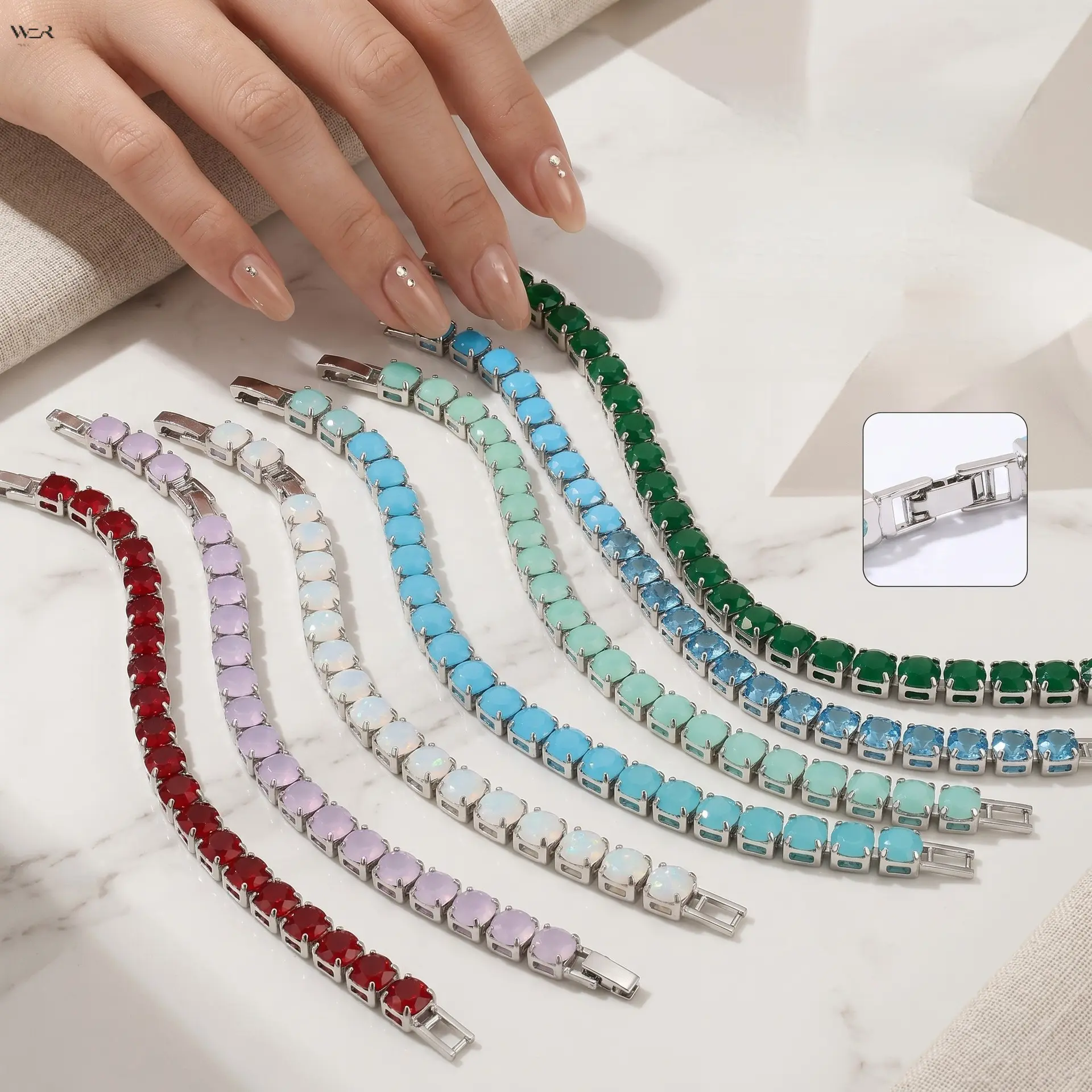 Multi‑Color Oval Stone Tennis Bracelet for Women, Silver‑Tone Inlaid Gemstone Link Bracelet, Classic Stackable Wrist Jewelry for Party Daily Wear Gift
