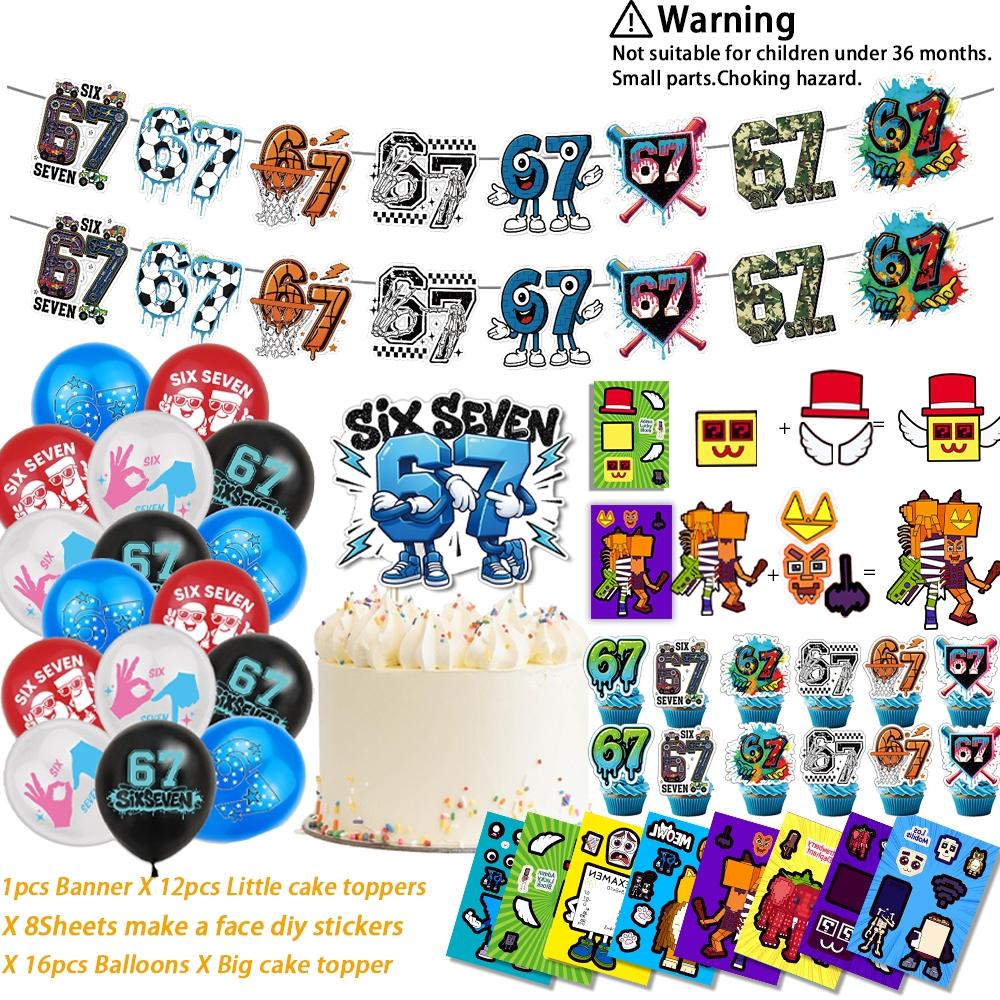 Hot Funny Abstract Six Seven Meme Theme Birthday Decorations ，Brainrot Meme &67 Themed party supplies Set Includes Banner, Cake Topper, Cupcake Toppers, Ballons，8 Sheets Make a Face Diy Sticker,Suitable for cartoon-themed birthday party events