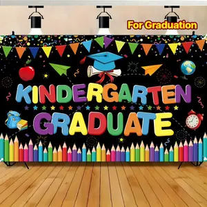 1, polyester kindergarten graduation banner, colorful pencil and cartoon design, multi-functional celebration decoration suitable for classroom and school activities,